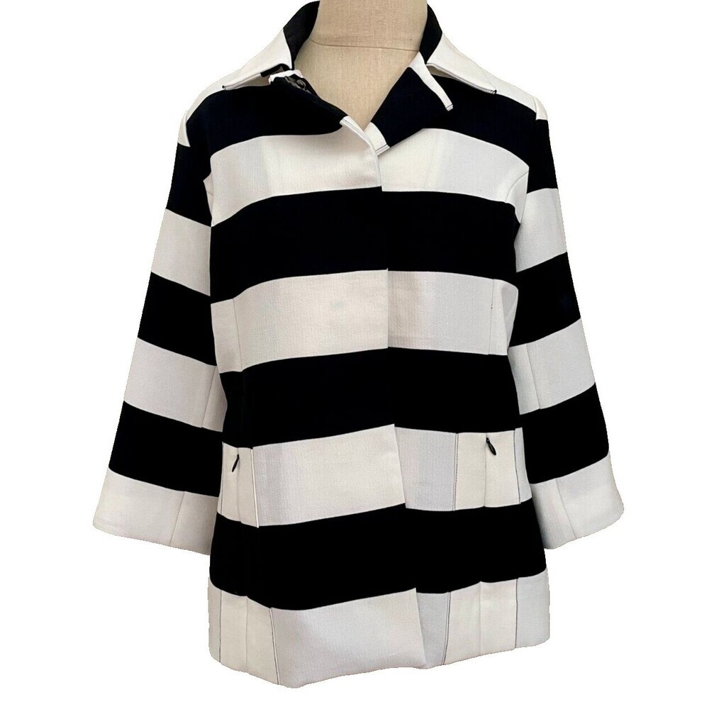 Luii Jacket Women M Black and White Stripe Wide Collar Slash Side Pockets Snap C